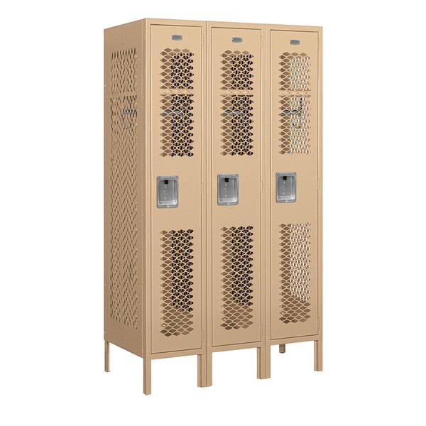 1 Tier Vented Locker, 36"Wx66"Hx18"D, 3 Door, Tan, Unassembled
